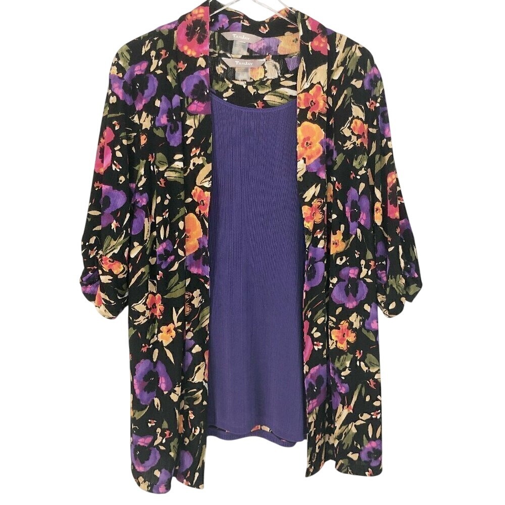 TanJay Four Piece Floral Black &‎ Purple Blouse Skirt Set Size 2X / 3X